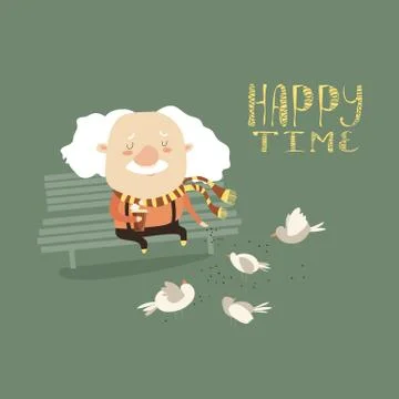 Old man feeding pigeons Stock Illustration