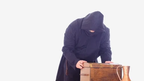 Old man finding a treasure in antique chest and rejoice dolly shot Stock Footage 105011422
