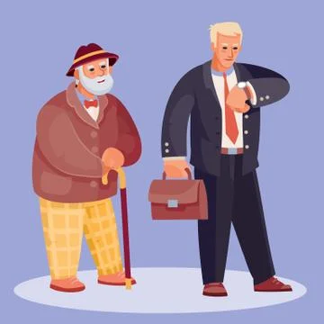 Old man in a hat and with a cane asks time in a hurrying man with a briefcase Stock Illustration