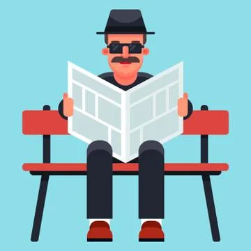 An old man in a hat is reading a newspaper. Stock Illustration