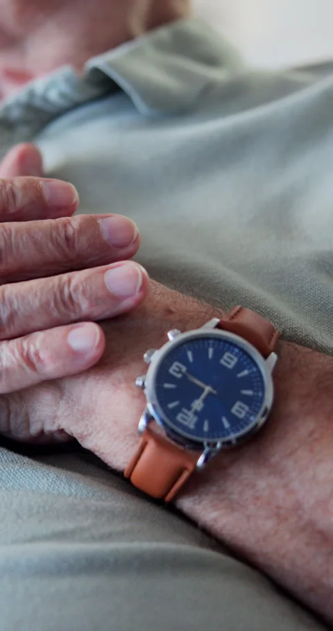 Old man, heart attack and hands on chest, pain and symptoms of cardiac arrest Stock Footage 340889847