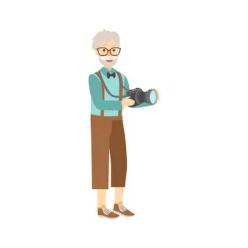 Old Man In Hipster Fashion Clother With Camera Stock Illustration
