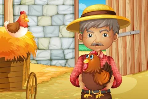 An old man holding a rooster inside the barnhouse Stock Illustration