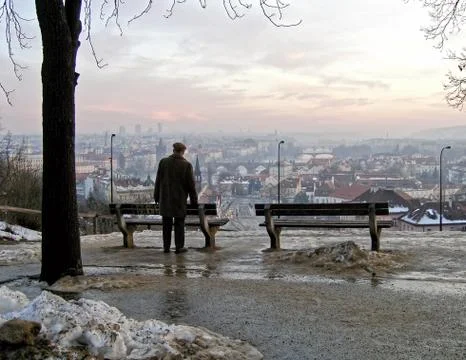 An Old Man Lean the Bench in the Park with the Viewpoint on the Winter Prague th Stock Photos