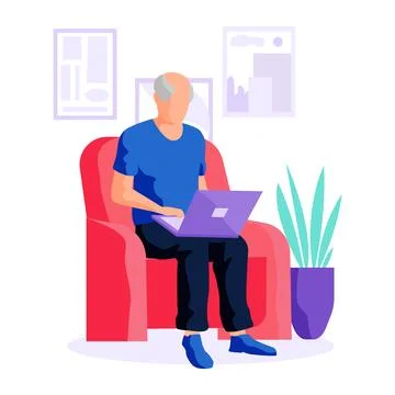 Old man looking for information and surfing internet. Person using computer.  Stock Illustration