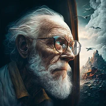 An old man looking out the window Stock Illustration