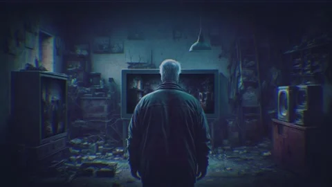 Old man looking at video of himself on old tv with glitch and blinking ligh.. Stock Footage 238920830