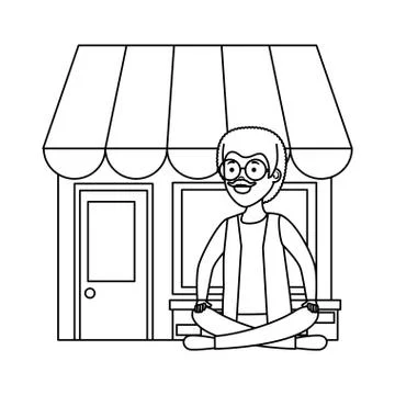Old man in lotus position with store building Ilustración de archivo