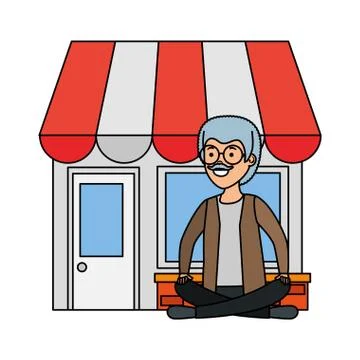 Old man in lotus position with store building Ilustración de archivo