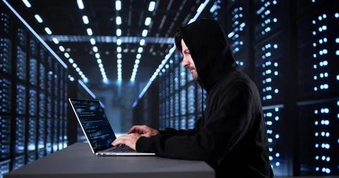 Old Man In Mask Hacking Cloud Server For Cyber Security Stock Photos