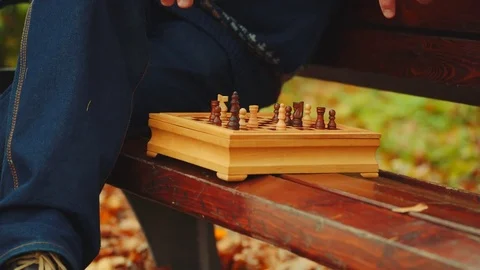 Old man is playing chess alone on the bench in the autumn park Stock Footage 83746936