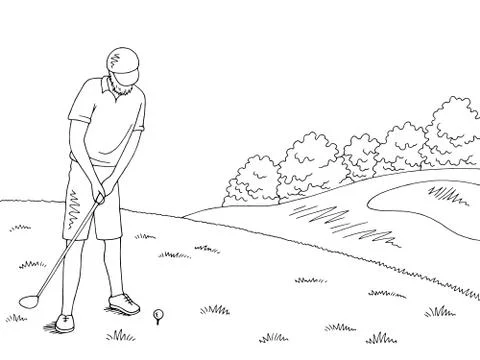 Old man playing golf graphic black white landscape sketch illustration vector Stock Illustration
