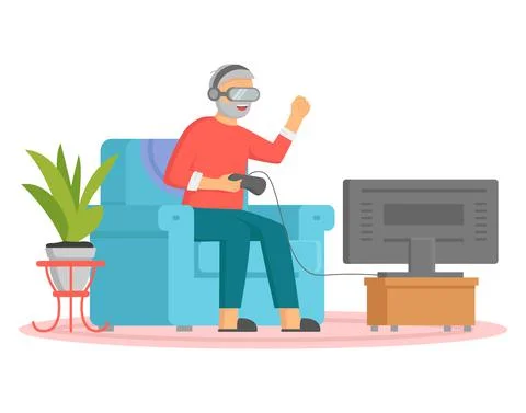 Old man playing video games on playstation. Senior is playing video game with Stock Illustration