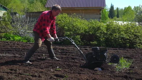 Old man plows the ground with a motor cultivator. Stock Footage 133221247