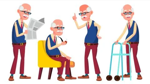 Old Man Poses Set Vector. Elderly People. Senior Person. Aged. Active Stock Illustration