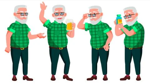 Old Man Poses Set Vector. Elderly People. Senior Person. Aged. Cheerful Stock Illustration