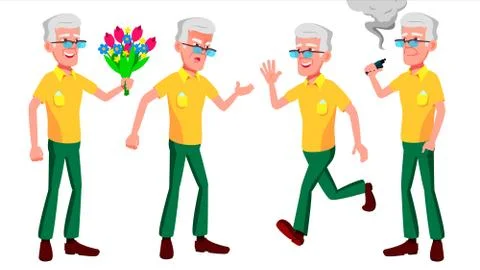 Old Man Poses Set Vector. Elderly People. Senior Person. Aged. Comic Pensioner Stock Illustration