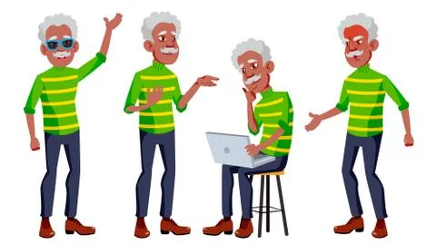 Old Man Poses Set Vector. Black. Afro American. Elderly People. Senior Person Stock Illustration