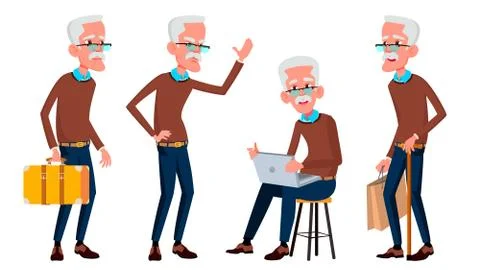 Old Man Poses Set Vector. Elderly People. Senior Person. Aged. Friendly Stock Illustration
