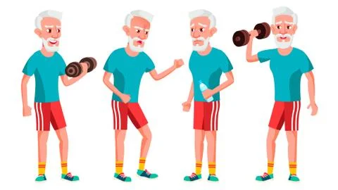 Old Man Poses Set Vector. Elderly People. Senior Person. Sport, Fitness. Aged Stock Illustration