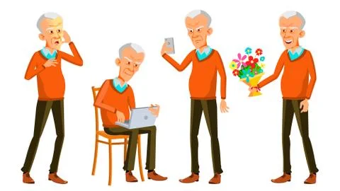 Old Man Poses Set Vector. Asian, Japanese, Vietnamese. Elderly People. Senior Stock Illustration