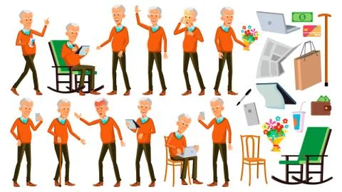 Old Man Poses Set Vector. Asian. Elderly People. Senior Person. Aged. Positive Stock Illustration