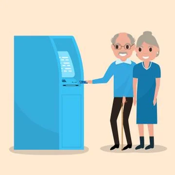 Old man puts an electronic card into the ATM Stock Illustration