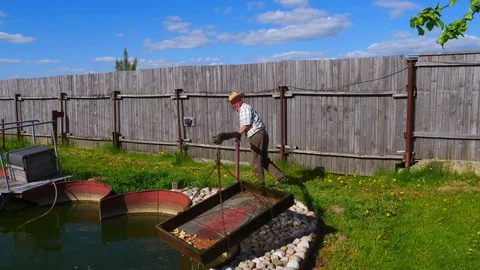 The old man raises with a lever, feeder fish from the pond. Vídeo Stock 76218927