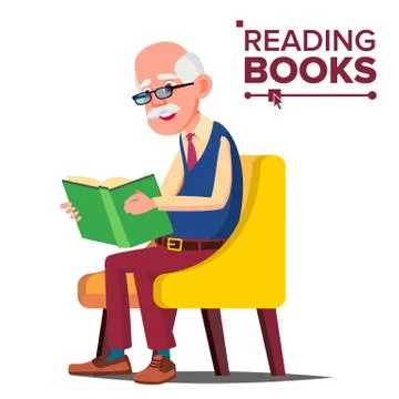 Old Man Reading Book Vector. Paper Book. Sitting In A Chair. Isolated Flat Stock Illustration