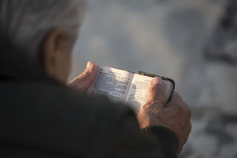 Old man reading holy bible book in spanish Stock Photos