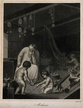 An old man rests his head on his hand; cherubs play in a room filled with m.. Stock Illustration