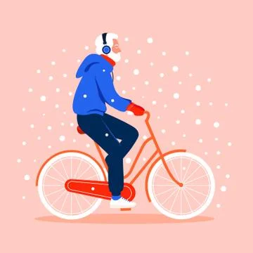 An old man rides a bicycle under snowfall. Winter sport. Grandfather. Stock Illustration