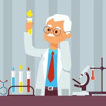 Old man scientist in lab, vector illustration. Grey haired professor doing Illustrazione stock