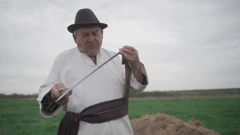Old man sharpens an old scythe in the field Video stock 298869815