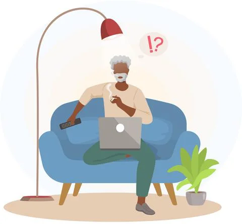 Old man sitting with computer and smoking on couch. Senior person relaxig with Stock Illustration