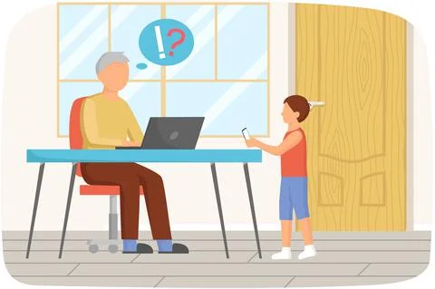 Old man sitting with computer asks his grandson of help. Senior person dealing Stock Illustration