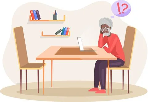 Old man sitting with computer is confused. Difficulties, questions in work with Stock Illustration