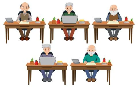 Old man sitting in front of computer Stock Illustration