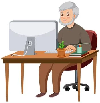 Old man sitting in front of computer Stock-Illustration