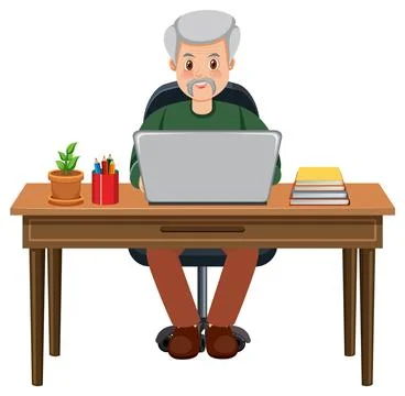 Old man sitting in front of laptop Stock Illustration