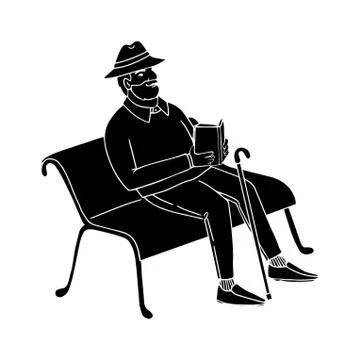 Old man sitting on a Park bench reading a book Stock Illustration