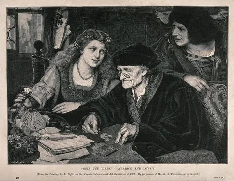 An old man is sitting at a table counting his money as a young couple look .. Stock Illustration