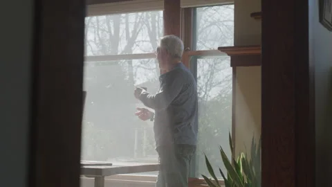 Old Man Stands Looking Out Sunny Window Stock Footage 208745251