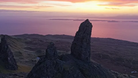 Old man of storr aerial view during a breathtaking sunrise in scotland Stock Footage 334059643