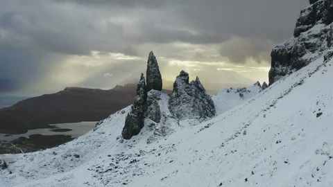 Old Man of Storr Panoramic View, Isle of Skye, Scotland Aerial Shot Stock Footage 128032694
