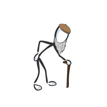 Old man with stuff walking. Vector simple aged grandfather. Stickman no face Stock Illustration