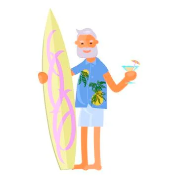 Old man with surfboard Stock Illustration