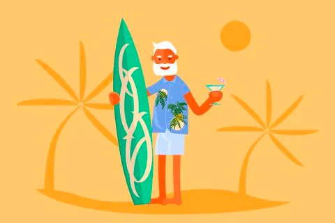 Old man with surfboard Stock Illustration