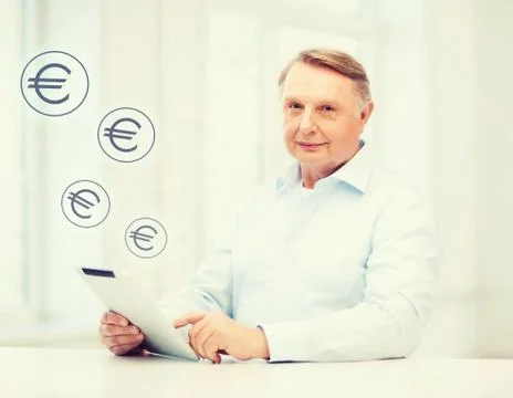 Old man with tablet computer at home Stock Illustration