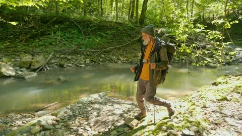 Old Man Tourist with a Backpack Walks in the Valley By the River on a Sunny Day. Video stock 170898517